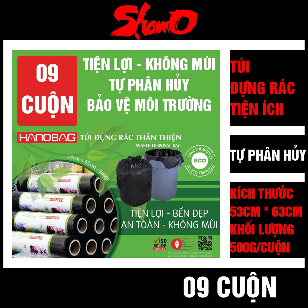 [09 cuộn] Cuộn túi rác đen (KT: 53cm x 63cm x 500g) – Màu đen – Túi dày sạch không mùi – Xé tay tiện lợi – Tự phân hủy