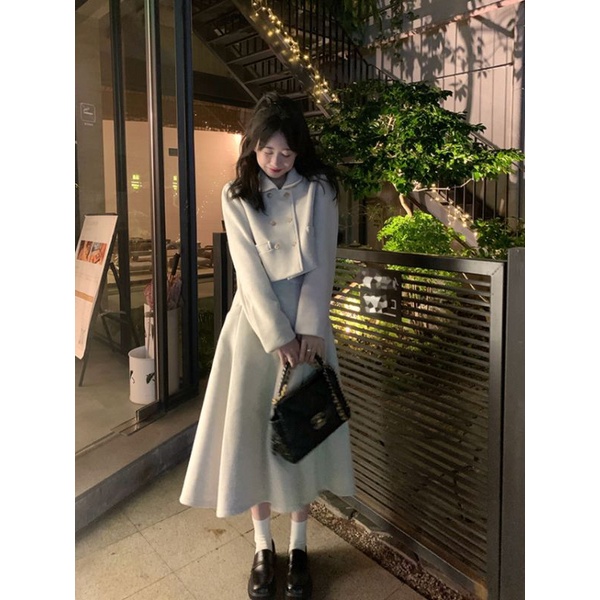 Set Dạ Áo Khoác Và Chân Váy Dài Lưng Cao Xòe Sang Chảnh❤️