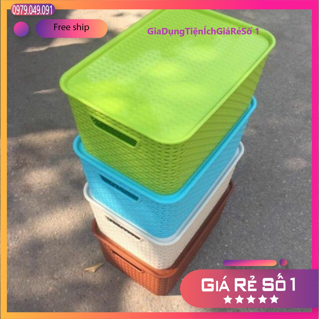 Combo 2 giỏ nhựa đan giả mây đựng đồ kiểu Hàn Quốc có nắp size đại hãng Việt Nhật,  - Thùng nhựa đan nhiều màu