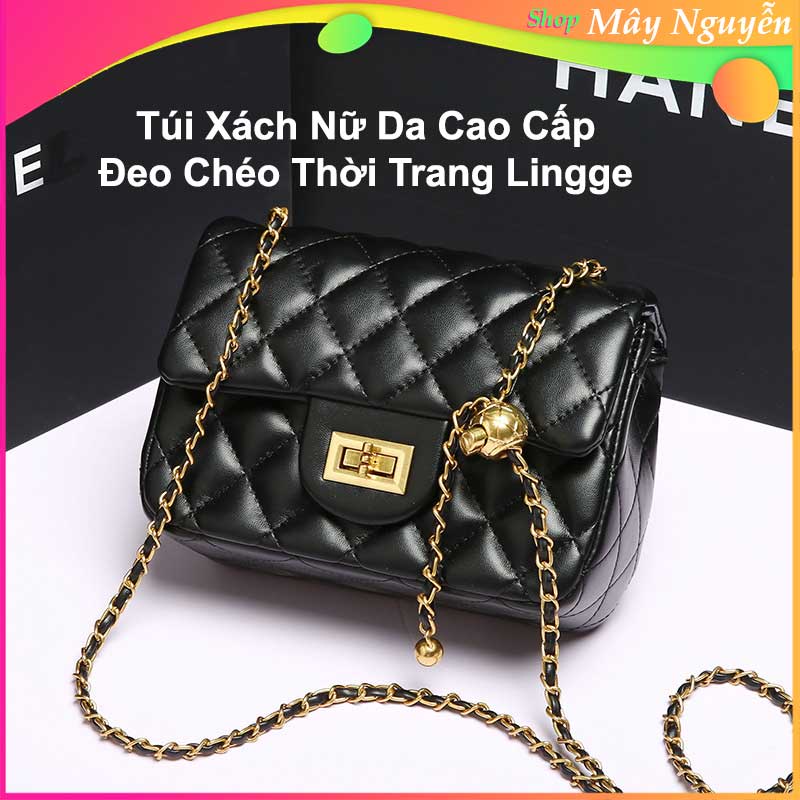 Túi xách nữ da cao cấp đeo chéo thời trang Lingge phong cách Retro dáng hộp vuông, 1 nút bẩm tùy chỉnh khóa dây đơn giản
