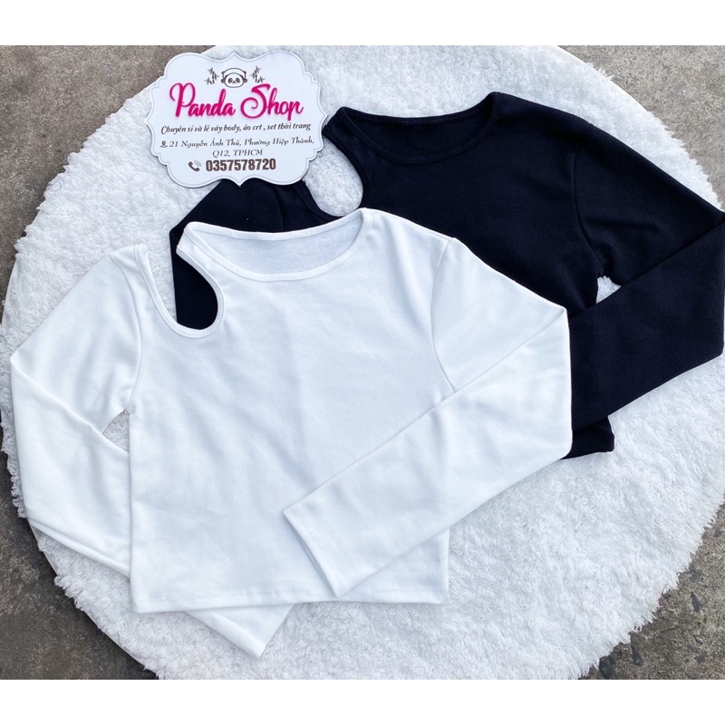 Áo croptop hở vai form dài cổ tròn tay dài kèm 2 màu như hình k42
