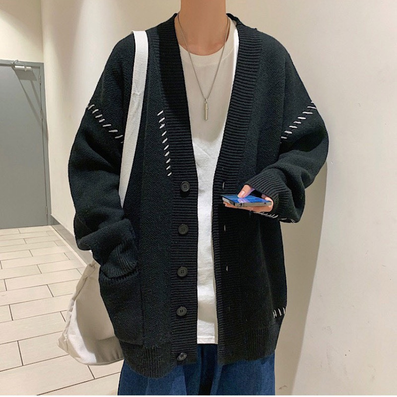 Áo khoác cardigan nam tay dài cổ chữ V màu đen phong cách Harajuku Hàn Quốc