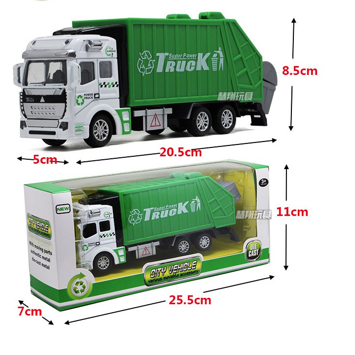 Mô hình xe chở rác mini đồ chơi trẻ em tỉ lệ 1:48 xe bằng nhựa mở được thùng rác