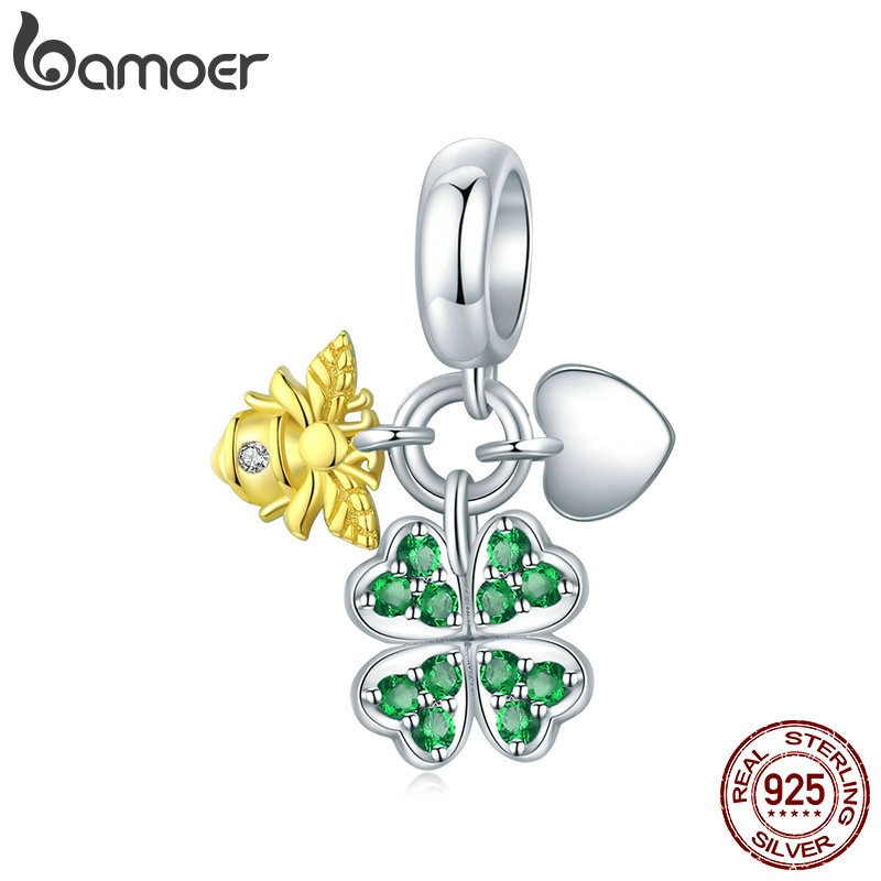 Hạt Charm Bamoer BSC303 Bằng Bạc 925 Đính Con Ong Cỏ Ba Lá Trái Tim Phong Cách Cổ Điển Làm Vòng Đeo Tay/ Dây Chuyền DIY