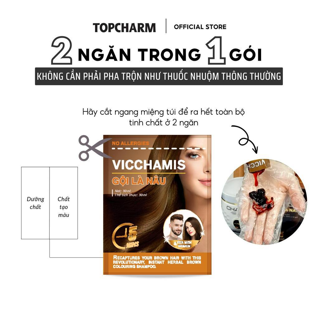 Dầu gội phủ bạc VICCHAMIS gói 30ml, nâu hạt dẻ, dầu gội dưỡng tóc mềm mượt chiết xuất nhân sâm