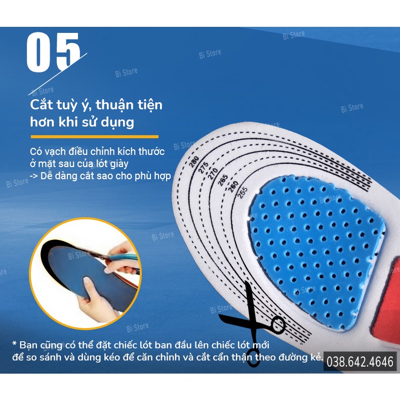 Lót giày thể thao cao cấp đế silicon tổ ong giúp êm chân, vải dệt sợi thoáng khí ngăn ngừa mồ hôi, chống hôi chân