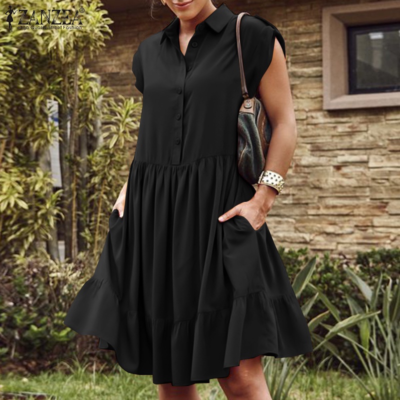Đầm Zanzea dáng chữ A ngắn tay cổ bẻ phong cách châu Âu quyến rũ dành cho nữ