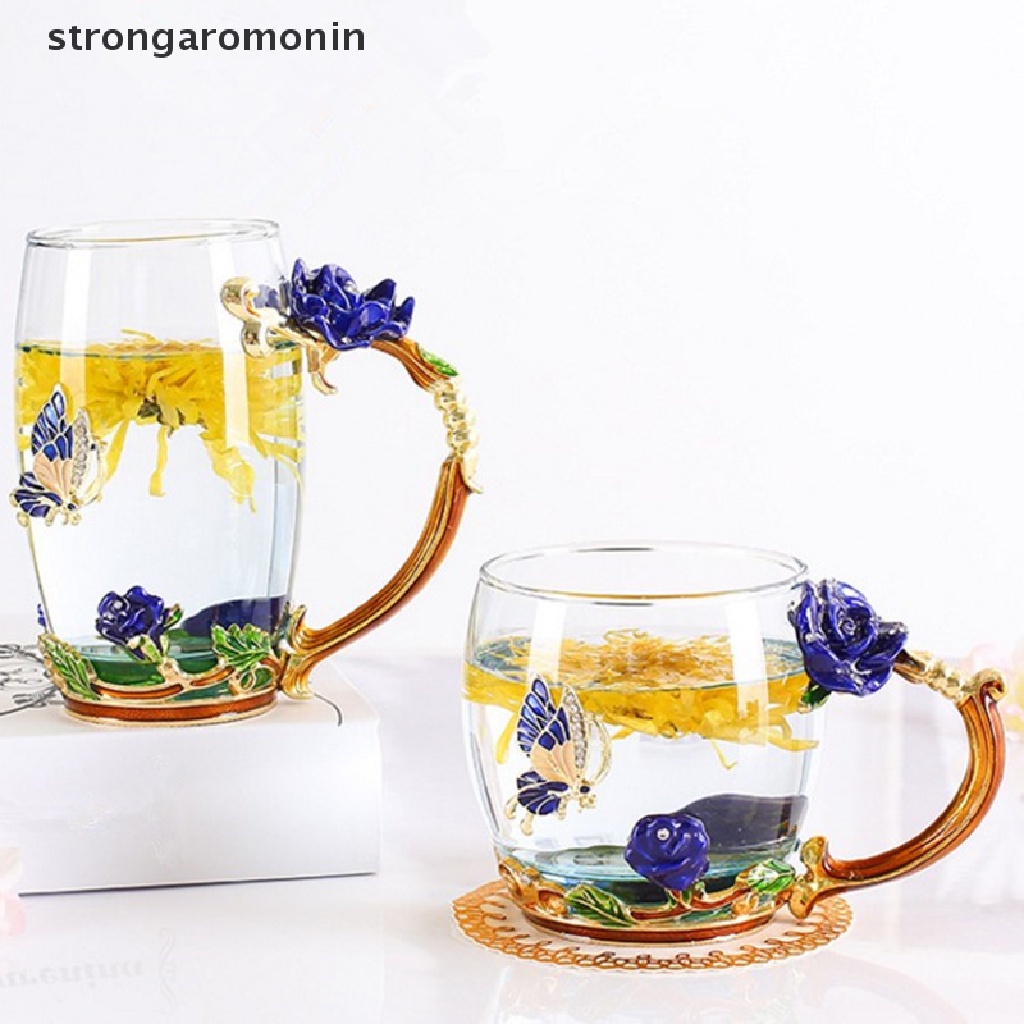 Cốc Thủy Tinh Uống Trà Cà Phê Chạm Khắc Hoa Hồng Bướm 3D