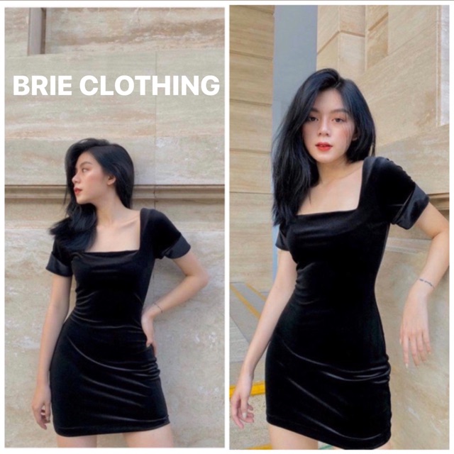 ĐẦM NHUNG CỔ VUÔNG NGẮN ÔM BODY