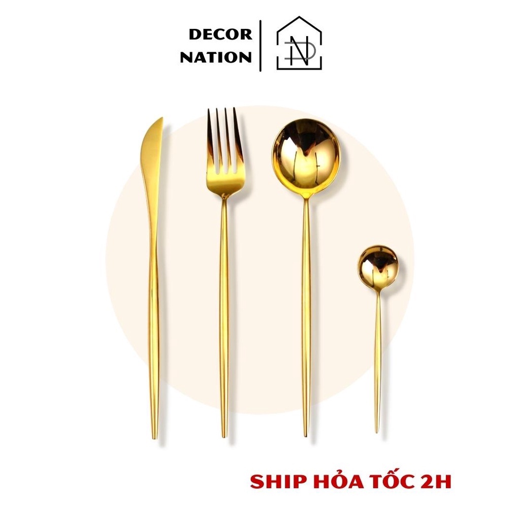 Bộ Muỗng Nĩa Dao Đũa Thìa cafe Combo 4 Món Thép không gỉ Inox 304 Vàng bóng Nhà Hàng