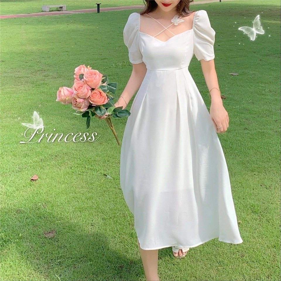 đầm trắng đầm bigsize nữ váy đi biển váy bầu mùa hè đầm midi đầm nữ váy nơ đầm cổ vuông đầm hở lưng đầm tay phồng đầm đi tiệc váy tiểu thư sang chảnh