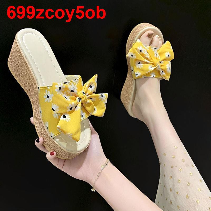 Dép đi trong nhà dành cho nữ mùa hè Bowknot Flip-Flop Platform Giày cao gót biển ngoài trời và nền thời trangt