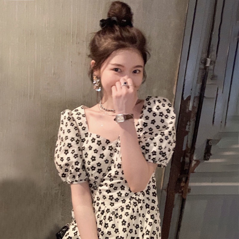 Đầm Chữ A Cổ Vuông Tay Phồng Họa Tiết Hoa Thời Trang Hàn Quốc Dành Cho Nữ 2022