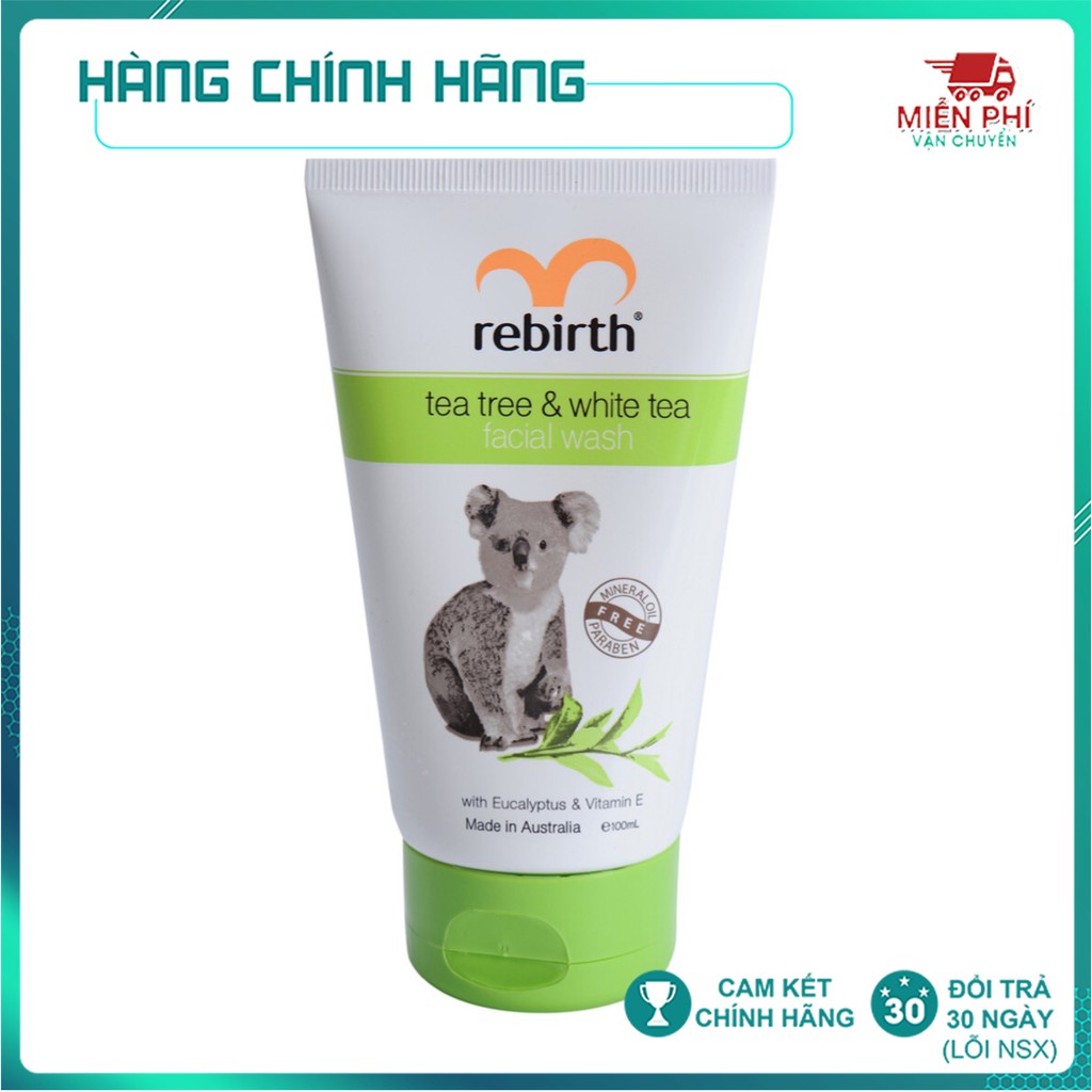 Sữa rửa mặt, gel rửa mặt cho da dầu, tinh chất trà xanh và trà trắng Rebirth - 100ml - Nhập Khẩu Úc, Ngăn Ngừa Mụn
