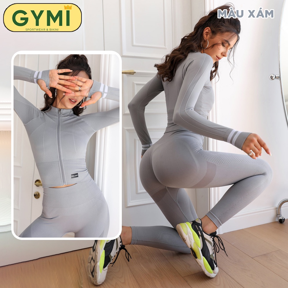 Set bộ đồ tập gym yoga nữ GYMI SET21 gồm áo khoác thể thao và quần legging chun mông chất dệt cao cấp