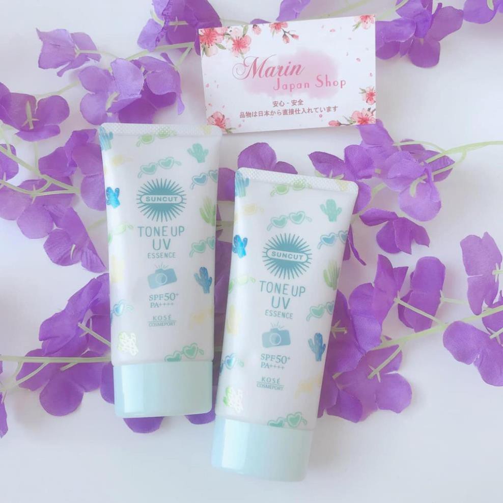 Kem chống nắng Kose Tone Up UV Essence giúp nâng tone suncut màu tím và xanh siêu dễ thương mẫu mới nhất