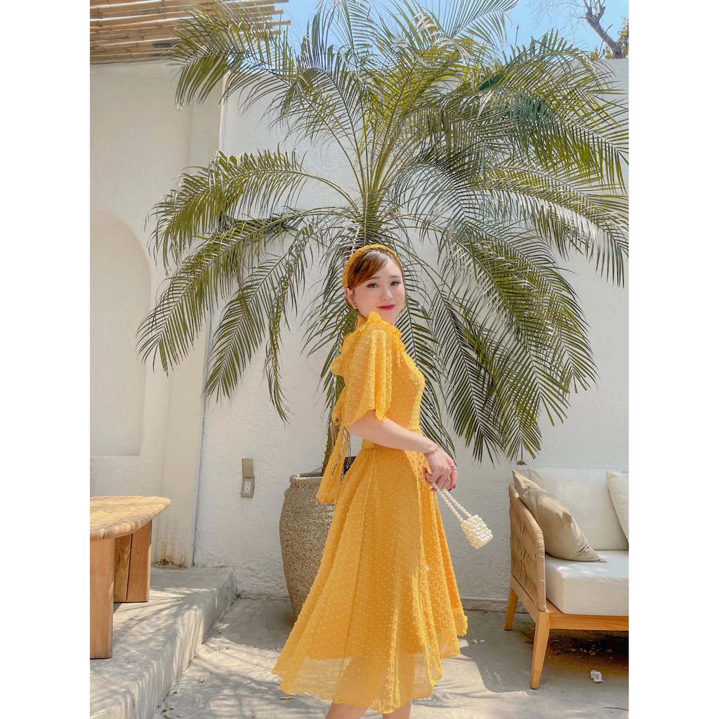 ĐẦM BI REN NỔI CỘT NƠ LƯNG XANH - VÀNG | BigBuy360 - bigbuy360.vn