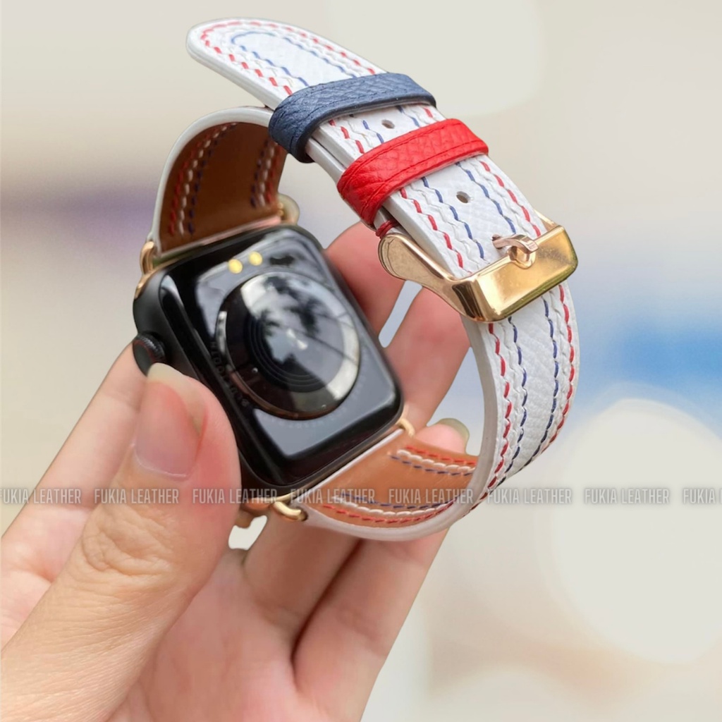 Dây da thủ công Epsom Trắng mix màu hoạ tiết Thom Browne dành cho Apple Watch, đồng hồ thông minh, đồng hồ cơ