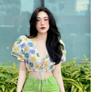 Áo hoa croptop cổ tim thắt dây nơ ngực tay phồng thời trang!
