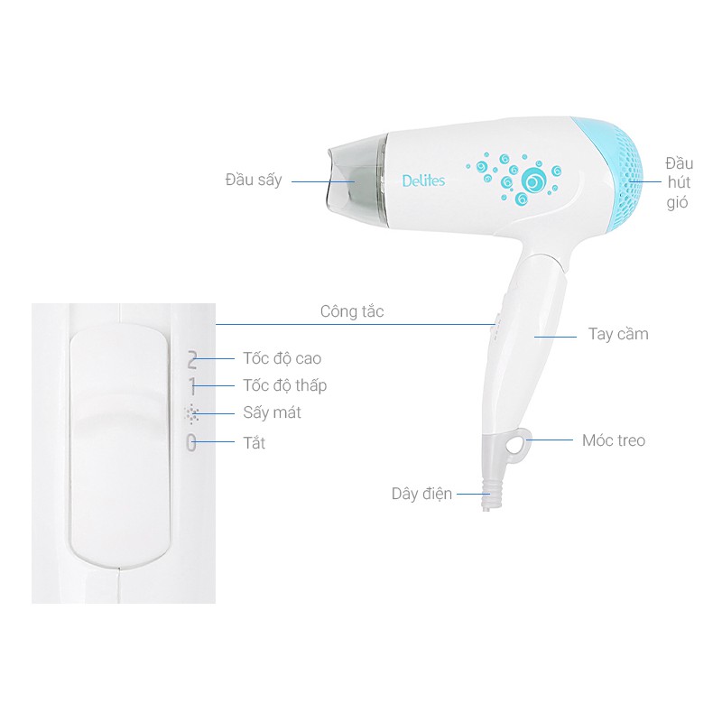 Máy sấy tóc Delites PH3812 1200W có sấy mát