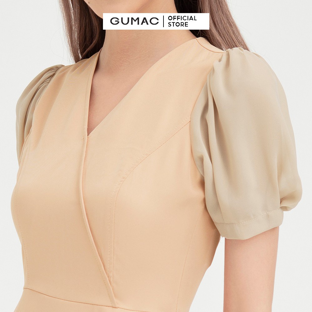 Đầm body nữ cổ V GUMAC thiết kế phối tay trẻ trung, công sở màu be DB442