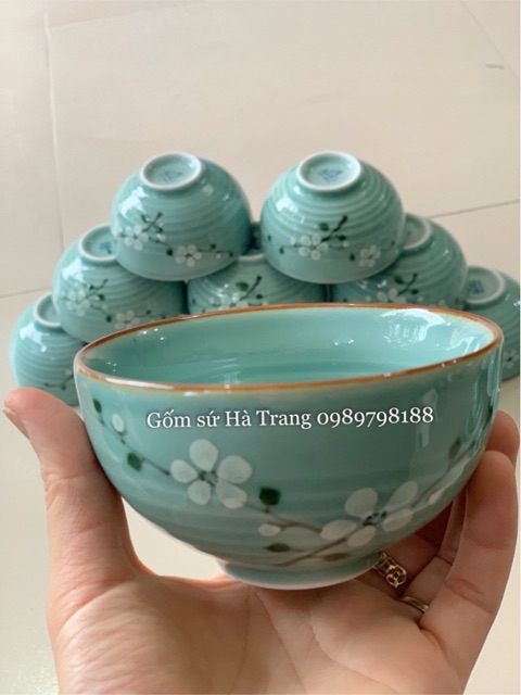 Combo 10 bát cơm men lam vẽ hoa đào trắng  Gốm sứ Bát Tràng cao cấp không chì