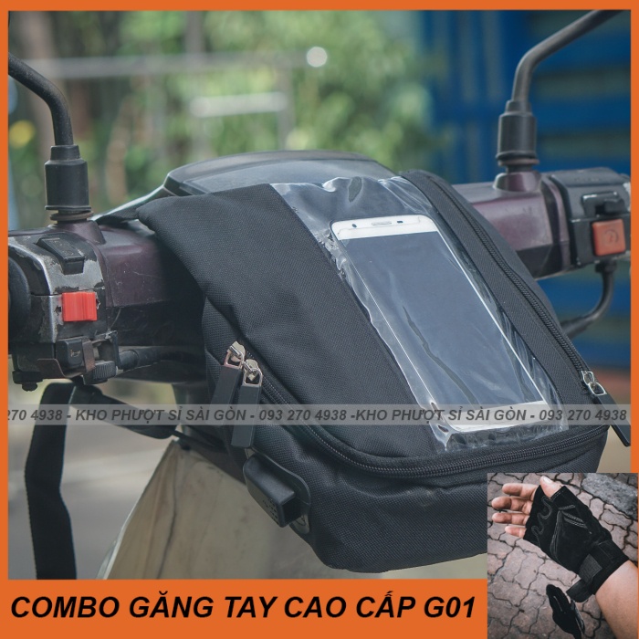 Kho Sỉ SG - COMBO túi treo đầu xe máy đựng điện thoại cảm ứng chiều đứng kèm găng tay xe máy Swat G01 đen - Túi đựng điệ