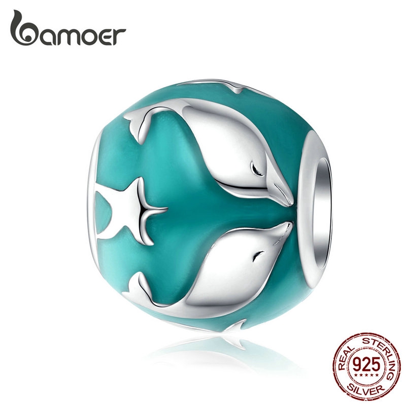 Hạt charm hình tròn khảm cá heo tráng men Bamoer dùng xỏ trang sức SCC1295