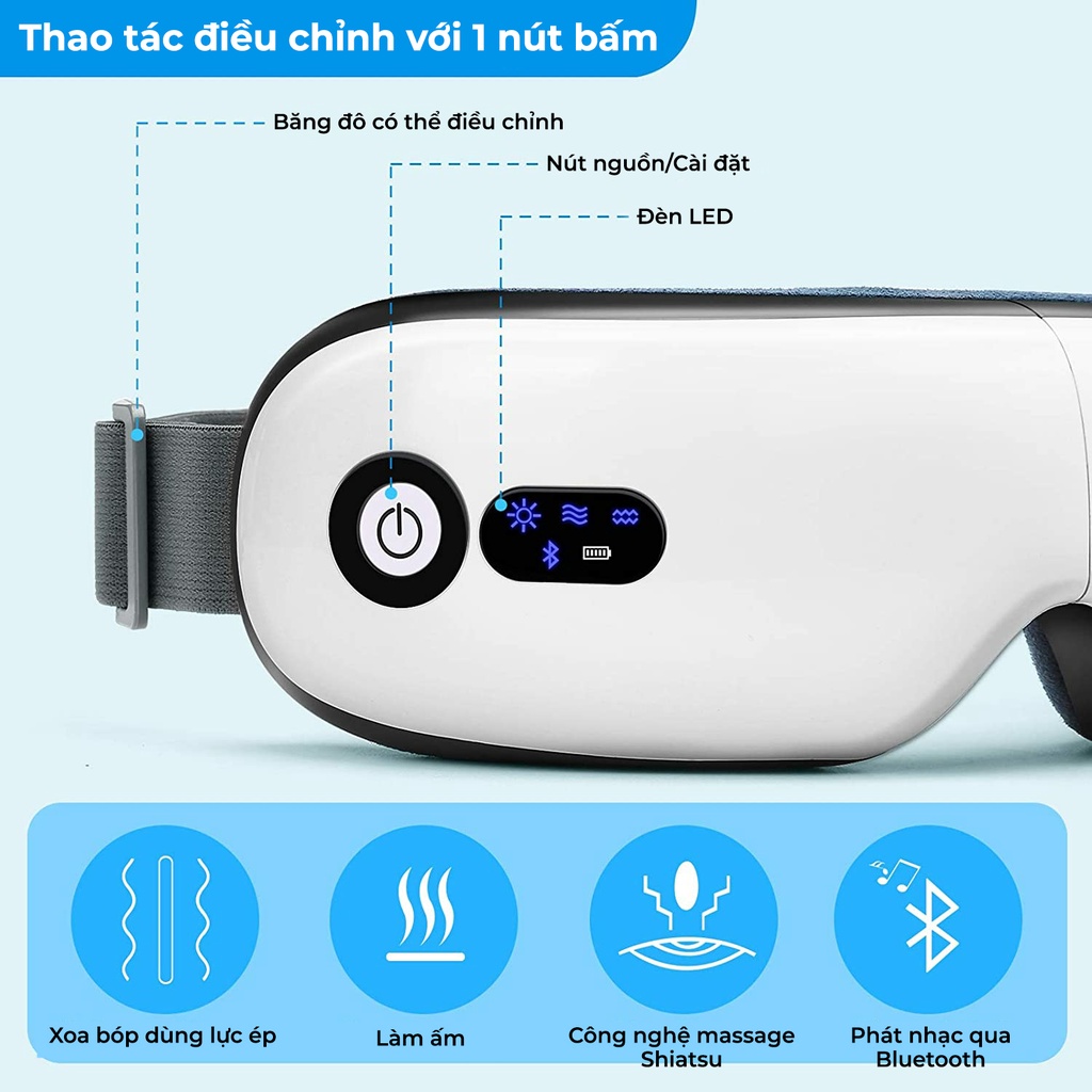 Máy Massage Mắt 8S Cao Cấp, 5 Chế Độ Massage, Chườm Mắt, Massage Bằng Túi Khí 9D, Rung Đa Tần Kèm Nhạc Bluetooth