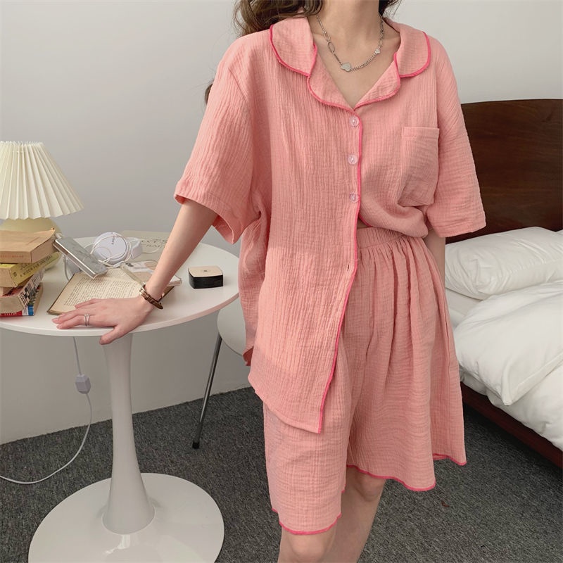 Set đồ ngủ gồm áo tay ngắn và quần short lưng thun màu sắc đơn giản thời trang mùa hè cho nữ