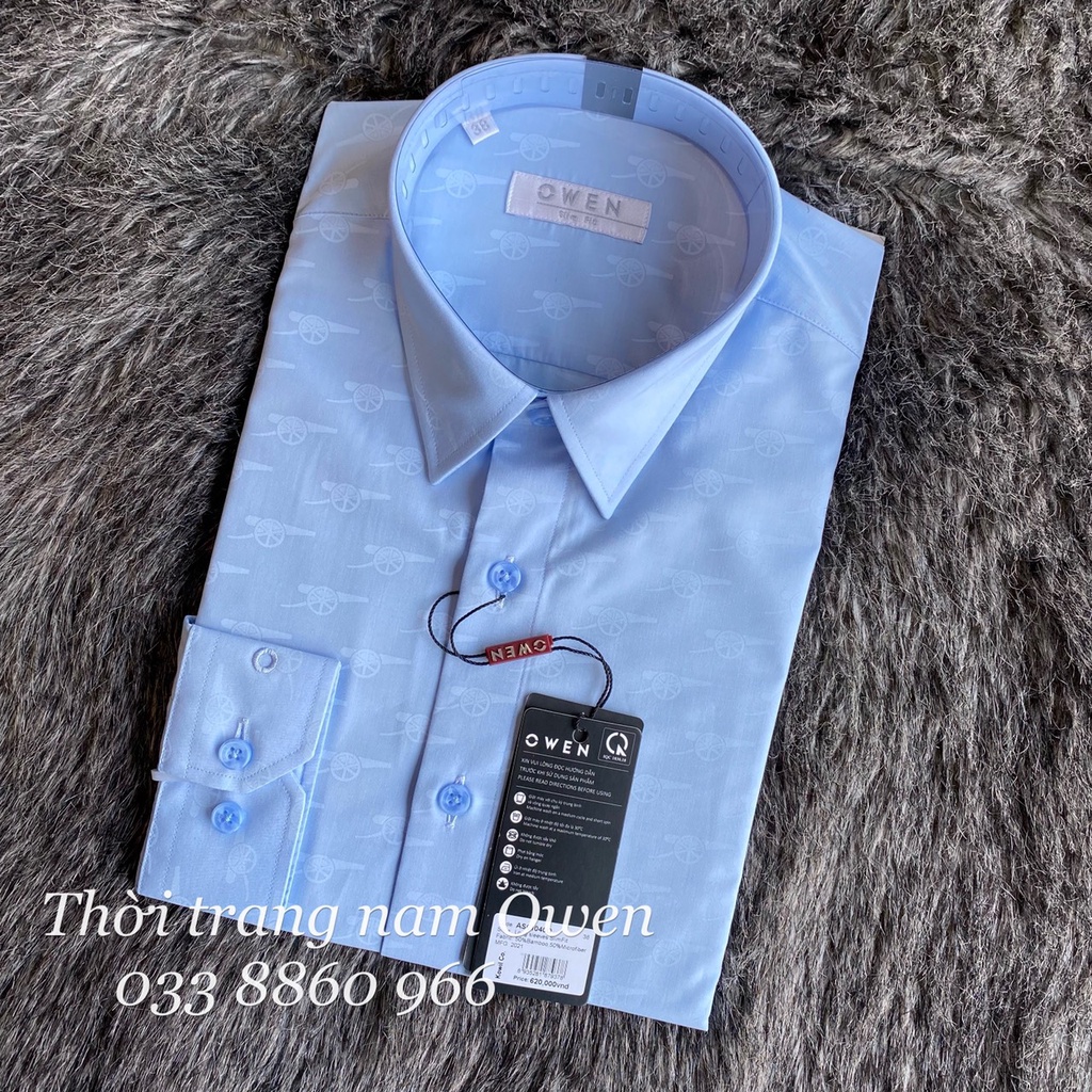 OWEN - Áo sơ mi dài tay Owen Slimfit chất sợi tre màu xanh in họa tiết 61040