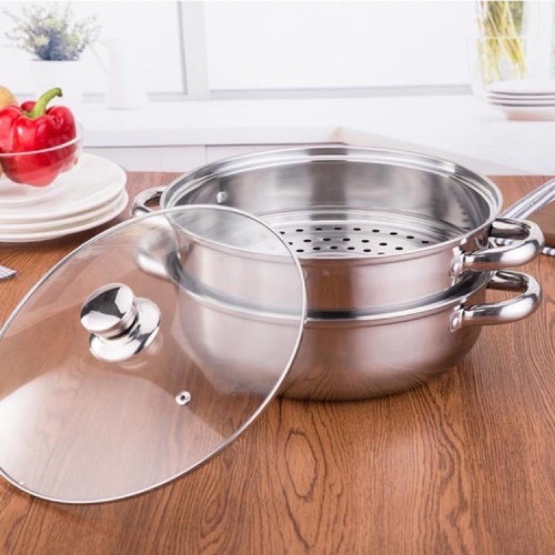 Bộ nồi hấp inox đa năng cao cấp  2 tầng size 28, có tay cầm vô cùng tiện lợi