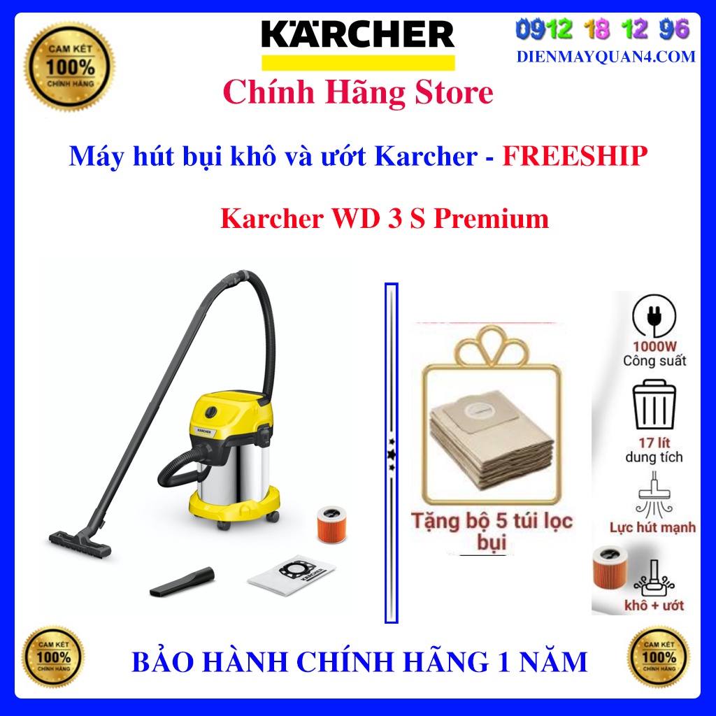 [Mã ELHAMS5 giảm 6% đơn 300K] [Karcher WD3S Premium]Máy hút bụi khô và ướt Karcher WD 3 S Premium - Tặng 5 túi lọc bụi