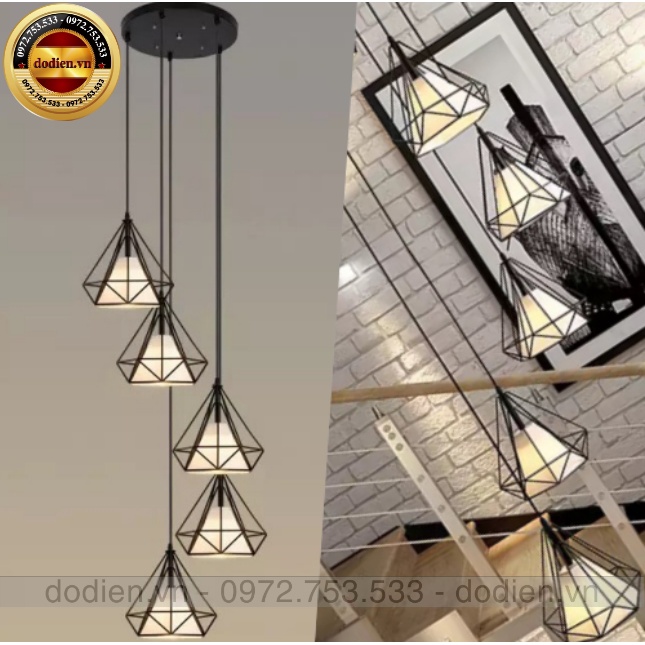 Đèn chùm thả 5 đèn thông tầng đèn kim cương cầu thang,phòng khách