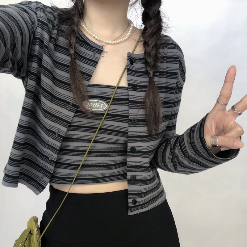 JANET STUDIO •  Set áo sọc xám đen