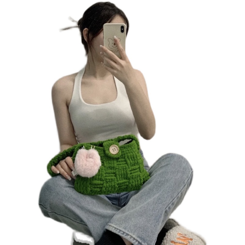 💎𝐀𝐌𝐎𝐑𝐌𝐈𝐎💎 Túi Xách Tay Họa Tiết Caro Đan Dây Chất Liệu Len Bông Phong Cách Hàn