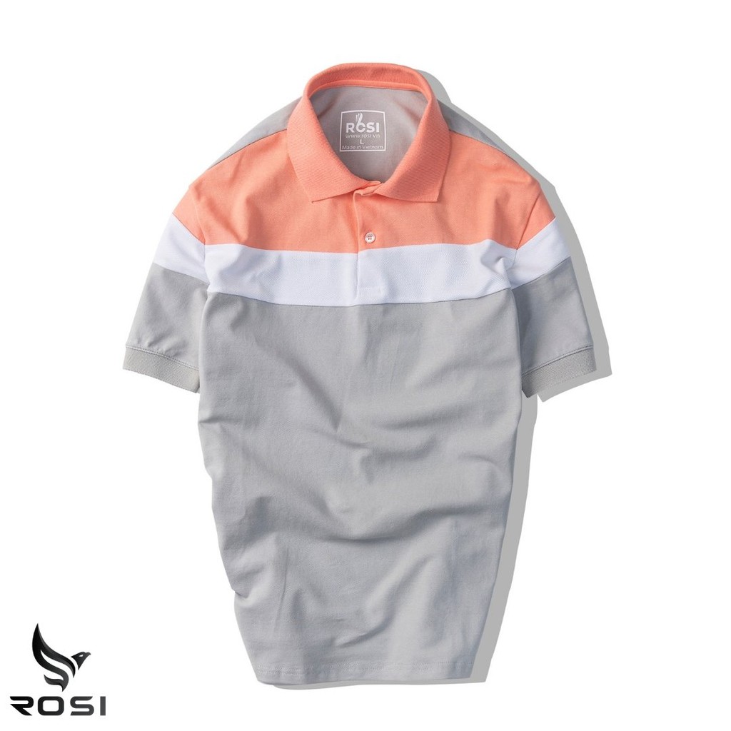 Áo thun nam cao cấp Rosi PL12 cổ polo tay bo ngắn,vải cotton cá sấu phối màu cam xám,dáng ôm (Slimfit) xẻ tà trẻ trung.