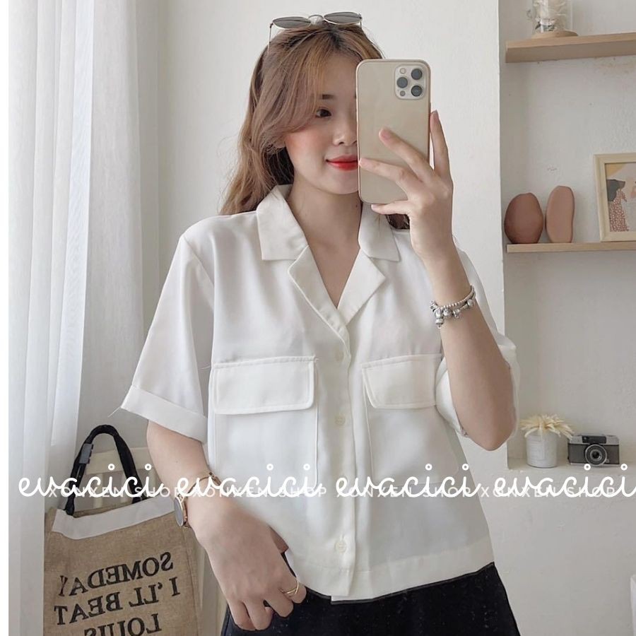 Áo sơ mi xonxen shop cổ vest croptop trẻ trung. Áo sơ mi nữ cổ vest túi ngực croptop