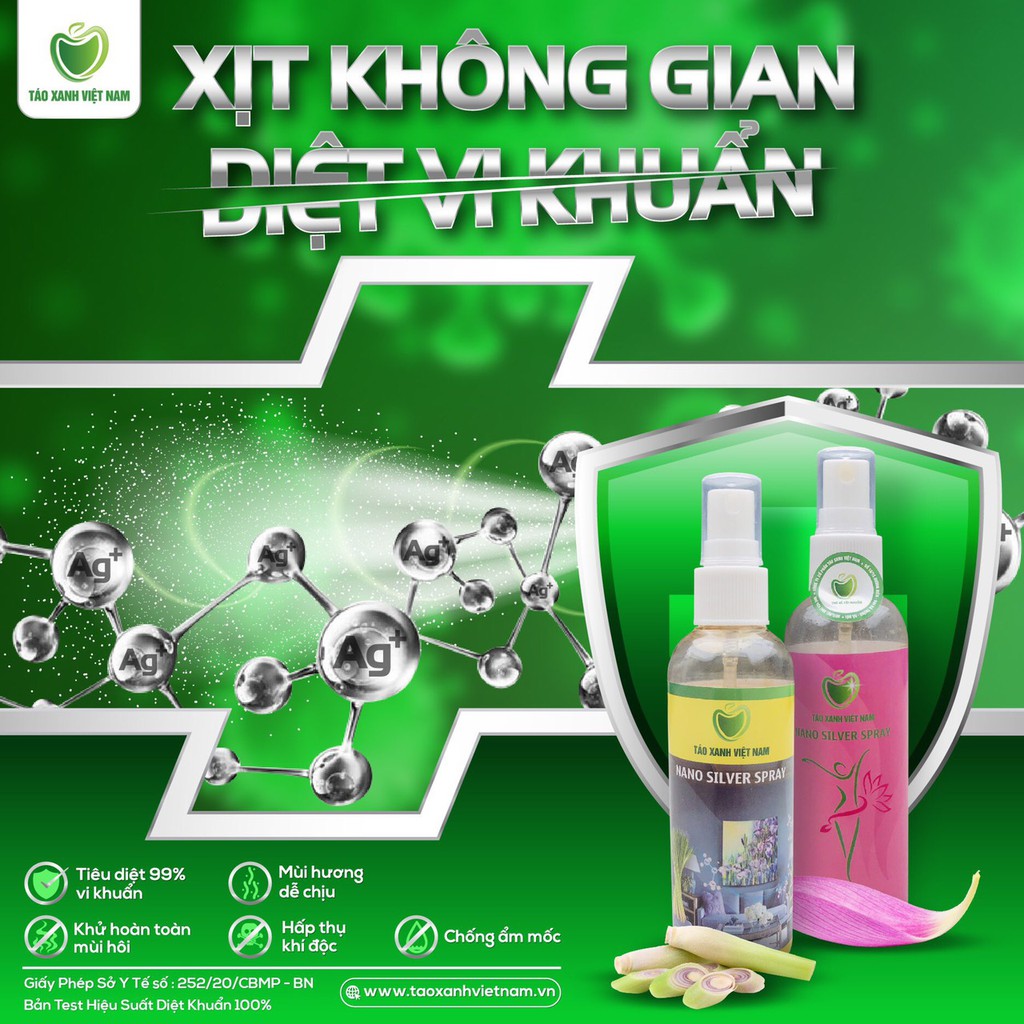 Xịt sát khuẩn không gian NANO SILVER SPRAY - Nano bạc Táo Xanh Việt Nam: Hương xả/ Hương sen - Khử mùi, diệt khuẩn 99,9%