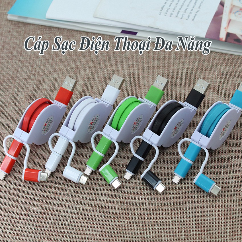 Cáp Sạc Điện Thoại, Dây Sạc Điện Thoại Đa Năng 3 Trong 1, Dây Rút Cuộn Tròn Gọn Nhẹ Tiện Lợi PAPAA.HOME