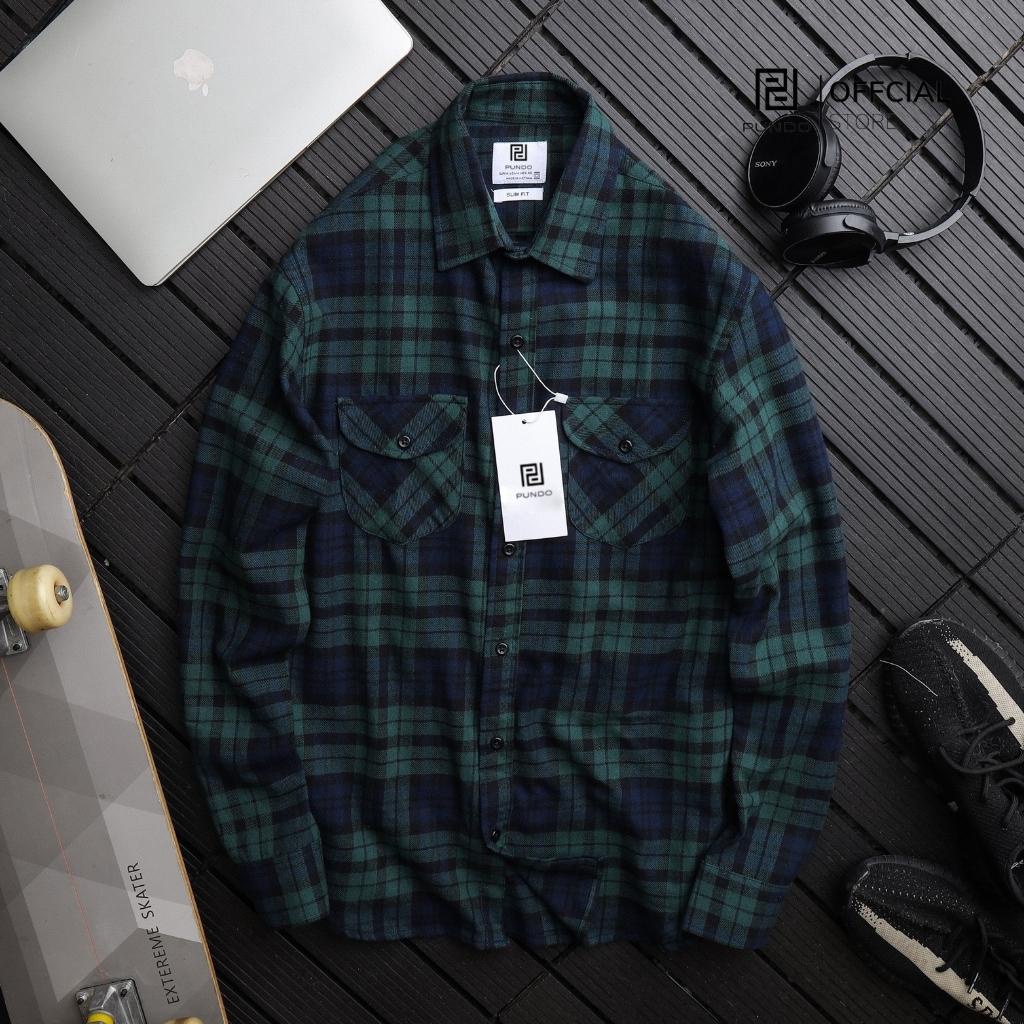 Áo sơ mi nam flannel PUNDO họa tiết kẻ sọc chất cotton dạ cao cấp ASMPD16