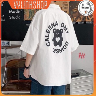 Áo sơ mi nam tay lỡ🔥FREESHIP🔥sơ mi chất thô lụa in hình gấu tim Cale sau lưng màu trắng