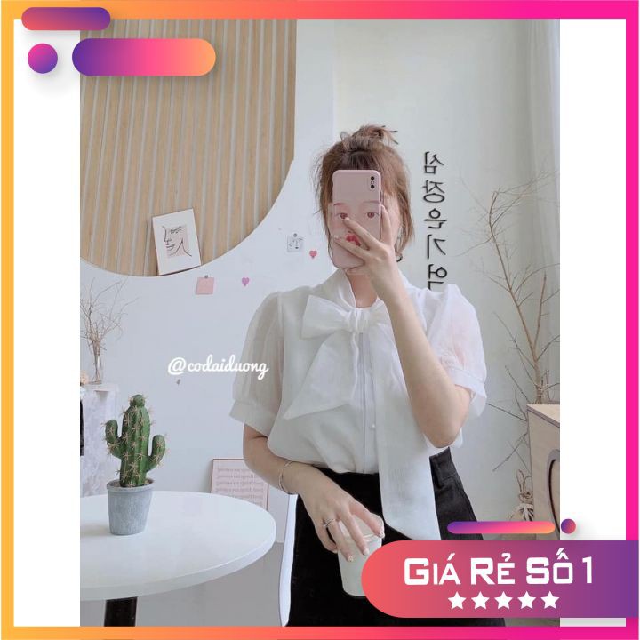 Áo Sơ Mi Tay Bồng Cổ Nơ Khuy Cài Tiểu Thư Xinh Xắn