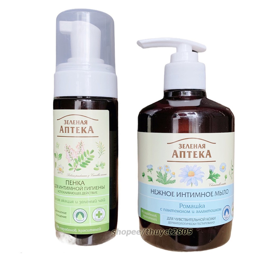 Dung dịch vệ sinh tạo bọt Apteka Green Pharmacy của nga, mùi hương thơm mát, giúp sạch da, kháng khuẩn tốt, 150ml