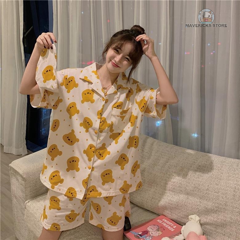 Bộ đồ ngủ ngắn tay in họa tiết gấu màu vàng kiểu Hàn Quốc mùa hè thoải mái đáng yêu dành cho nữ