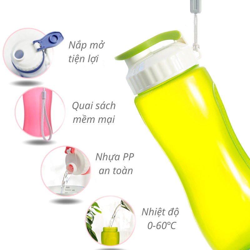 Bình Đựng Nước Tập Gym Bình Nước Văn Phòng COLOR SPORT Có Nắp Mở 800ml