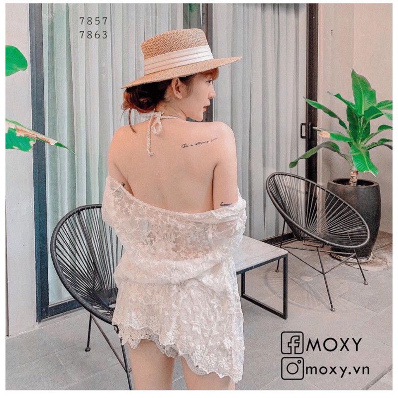 set biển - set 3 món - áo bra dây chéo ngực + quần ren hoa tròn + choàng ren hoa nhỏ (có tách rời)