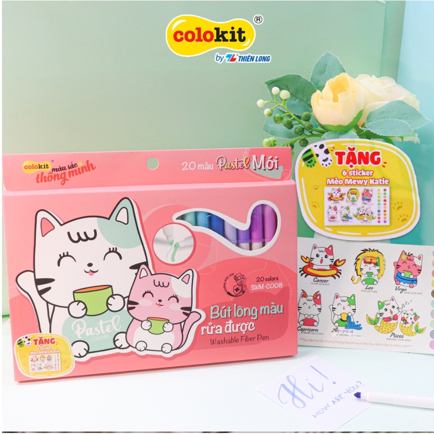 Bút lông 20 màu Pastel Washable Fiber Pen Thiên Long Colokit SWM-C008 - Bút lông màu rửa được - viết nét thanh nét đậm