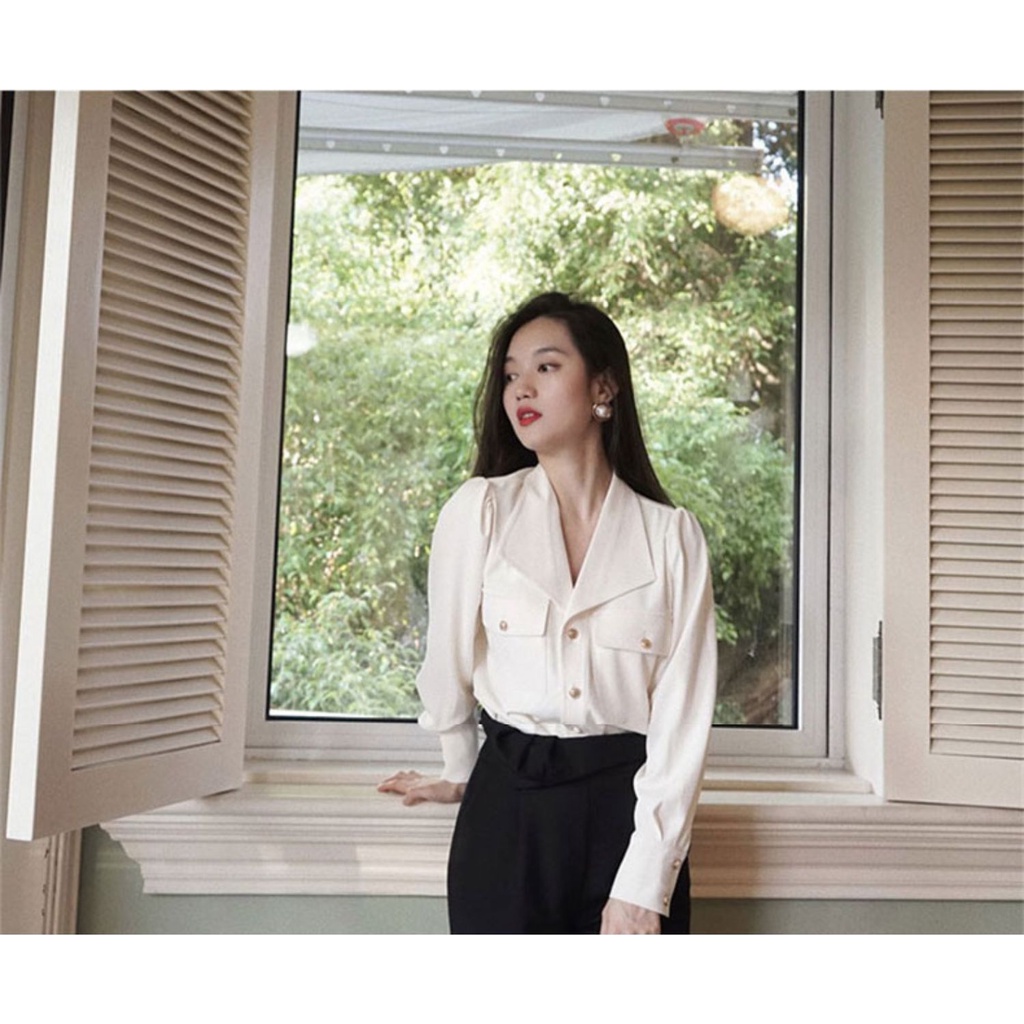 Áo sơ mi ZHELIHANGFEI tay dài cổ chữ V dáng rộng phong cách Pháp thời trang