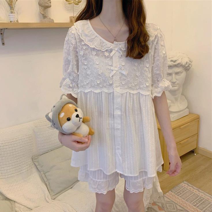 Đồ Ngủ Pijama Tay Ngắn Siêu Xinh, Ren trắng tiểu thư, Độc Lạ Khó Tìm, Sanh Chảnh Hàn Quốc REN001 !